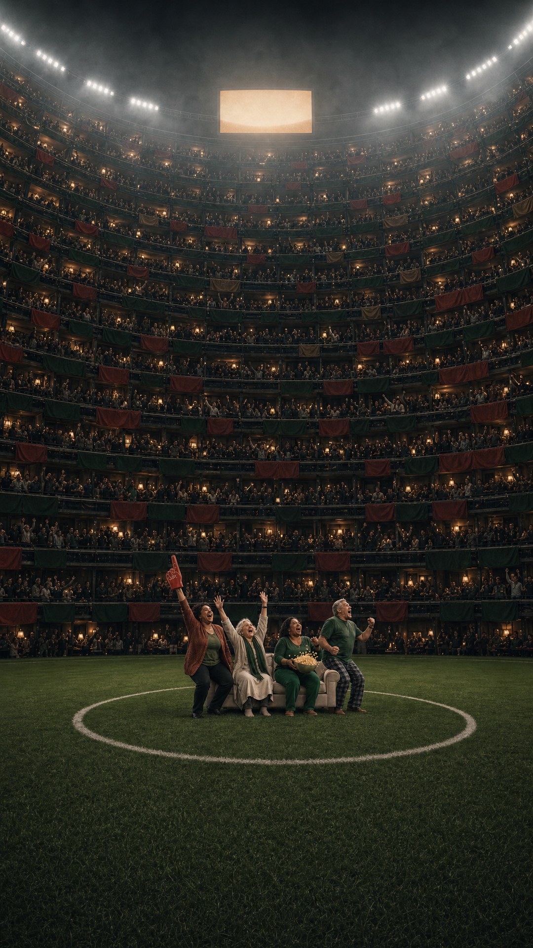 The stadium of living rooms recomposed as a vertical frame, the sofa small on the pitch and the bowl towering above